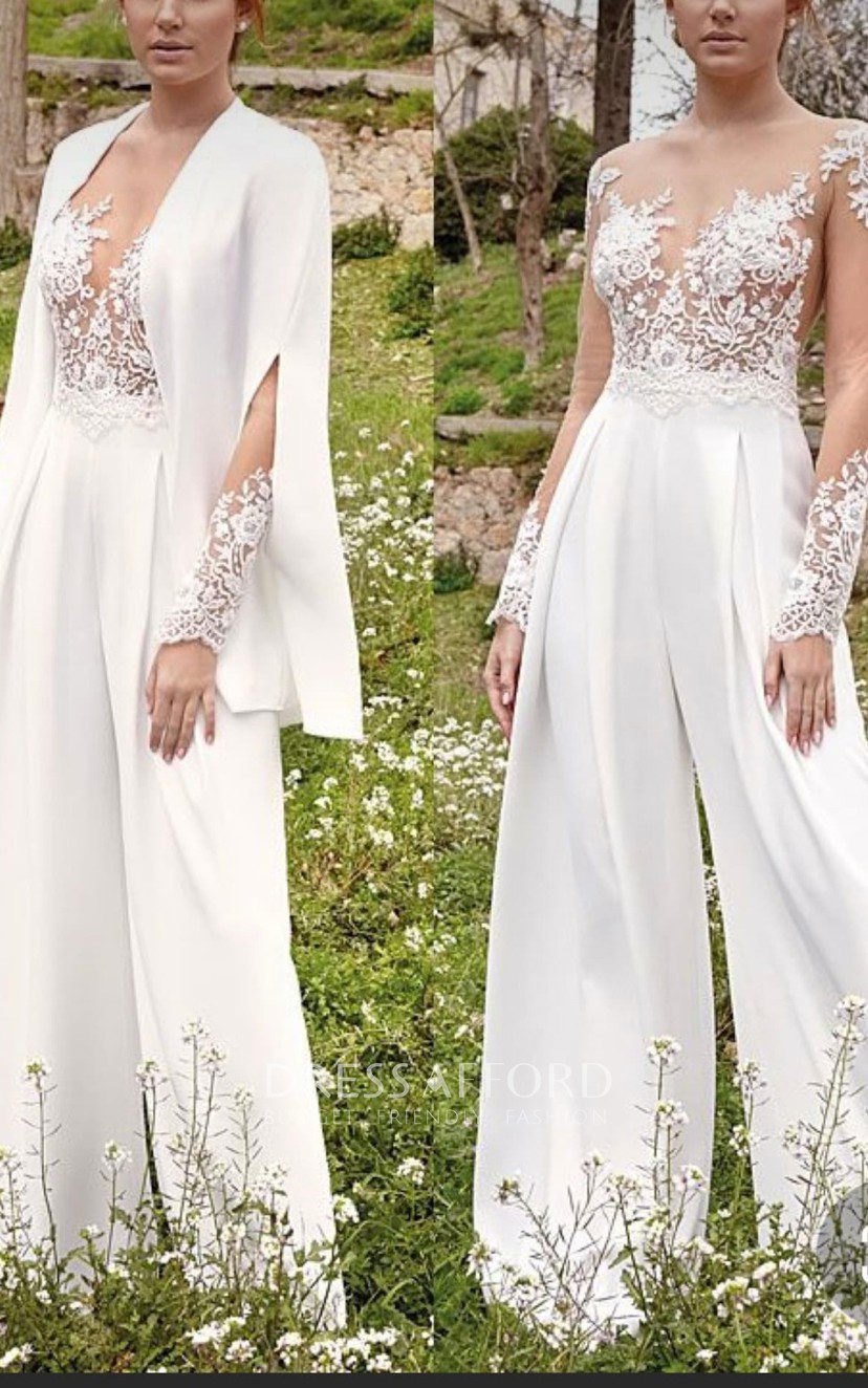 Lace Bridal wide leg jumpsuit with over cape