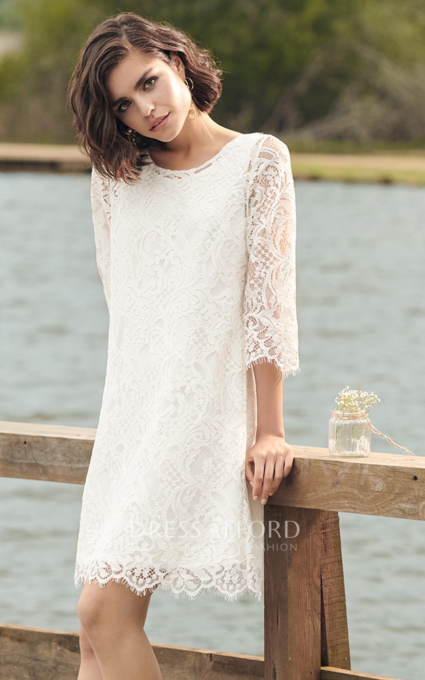 Casual Lace 3 4 Sleeve Knee Length Short Wedding Dress with Back Bow Dress Afford