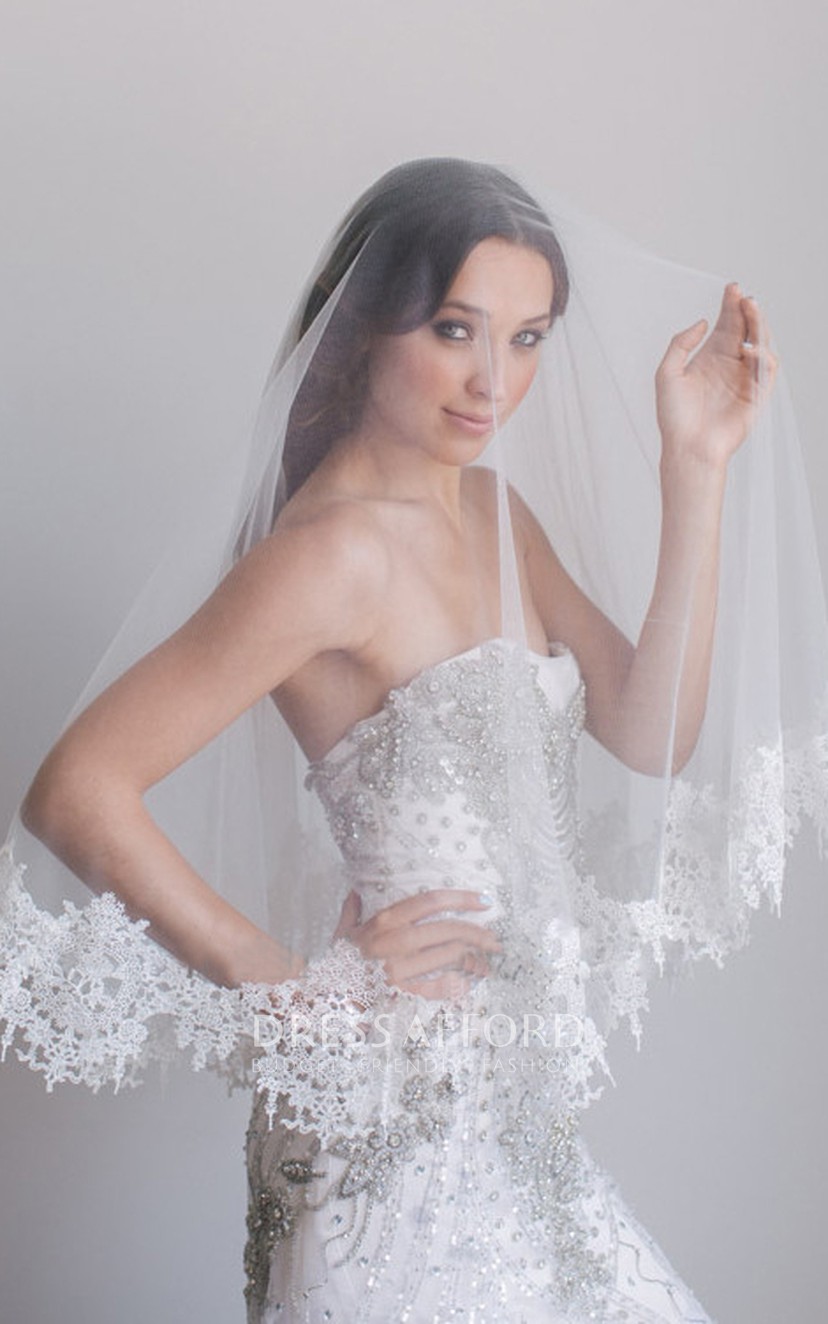 Retro Elbow Bridal Veil with Lace Applique (810261) | Dress Afford